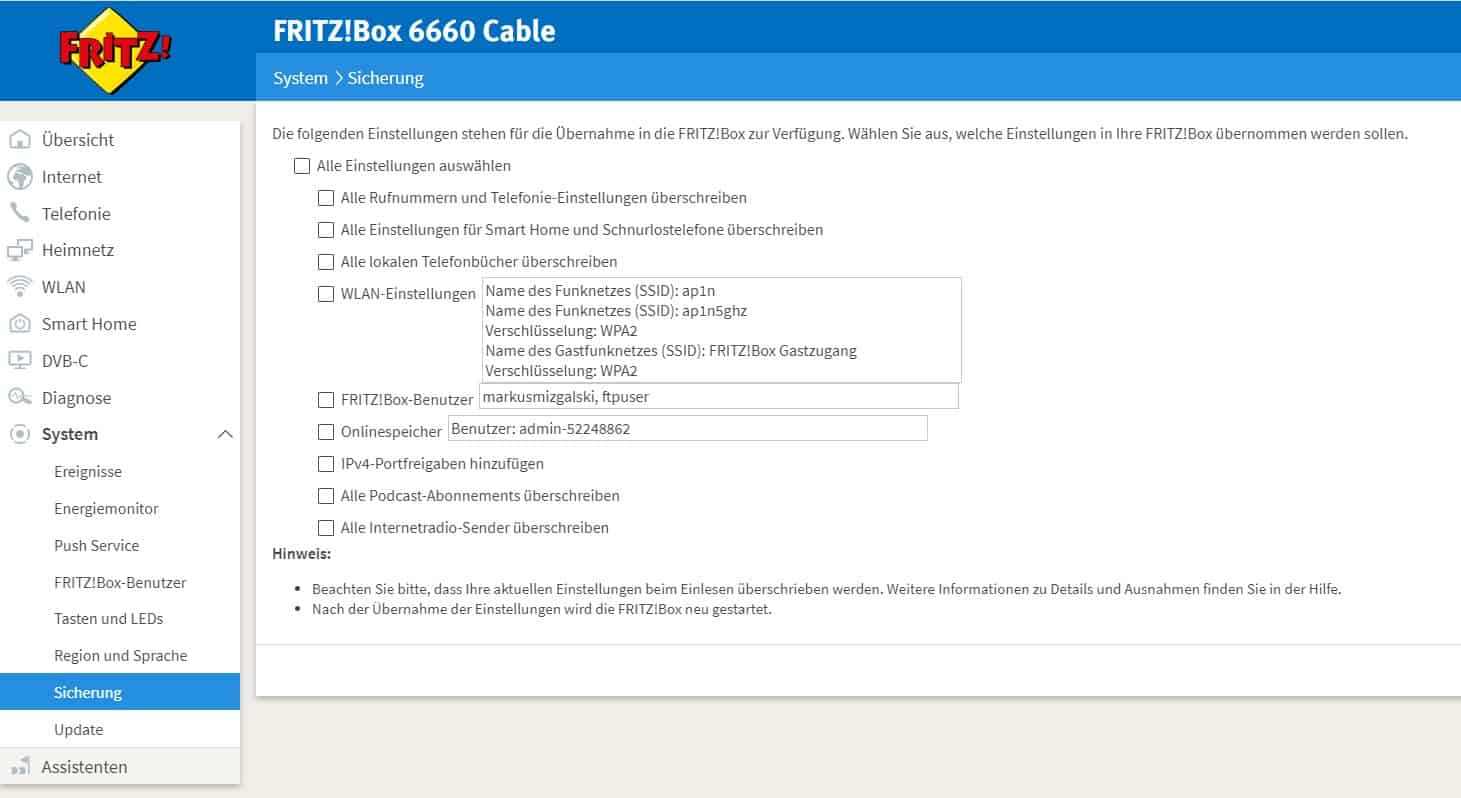 Fritzbox 6660 Einstellungen übernehmen