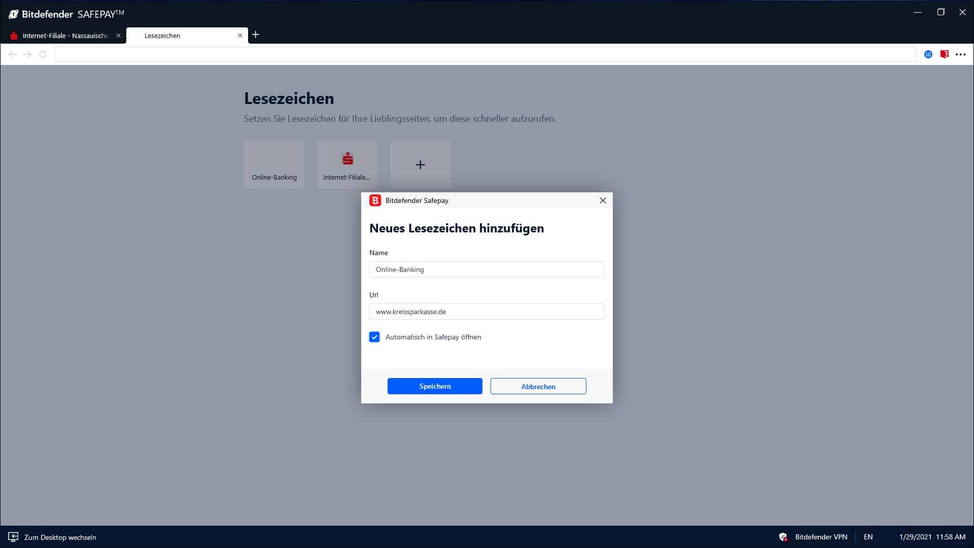 Lesezeichen bei Safepay setzen