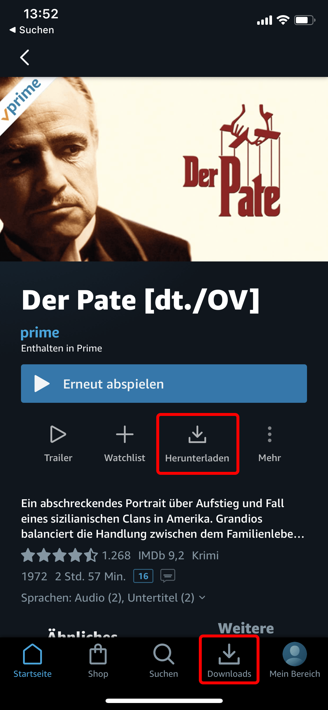 Amazon Prime: Wählen Sie eine Folge oder einen Film laden das Video herunter über "Herunterladen". Unter "Downloads" (unter Android auch "Meine Videos") ist es dann zu finden.