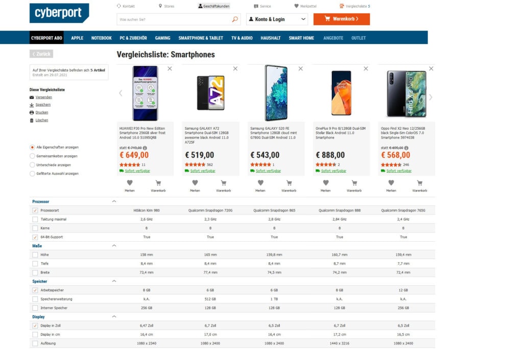 Vergleichstabelle bei Cyberport mit Smartphones