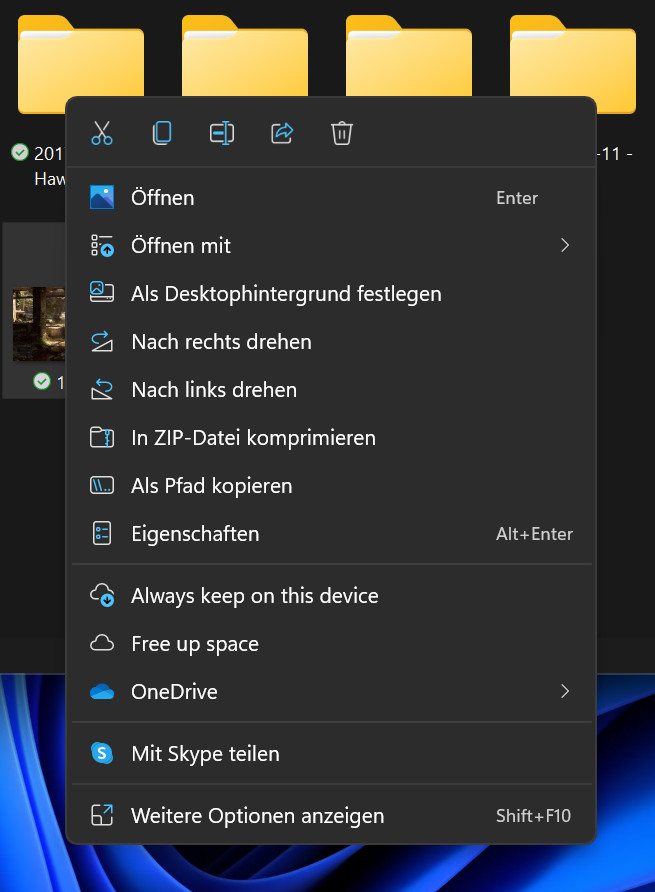 Screenshot Detail geöffnetes Kontextmenü im Hintergrund Ordner