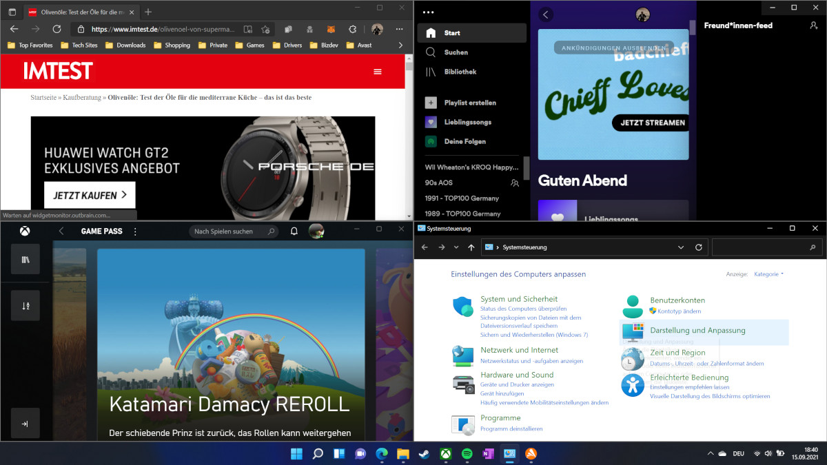 Screenshot vier Fenster ordentlich angeordnet