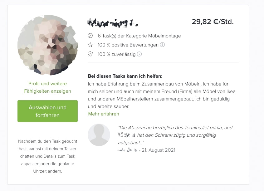 Screenshot von Profil auf der Taskrabbit Seite