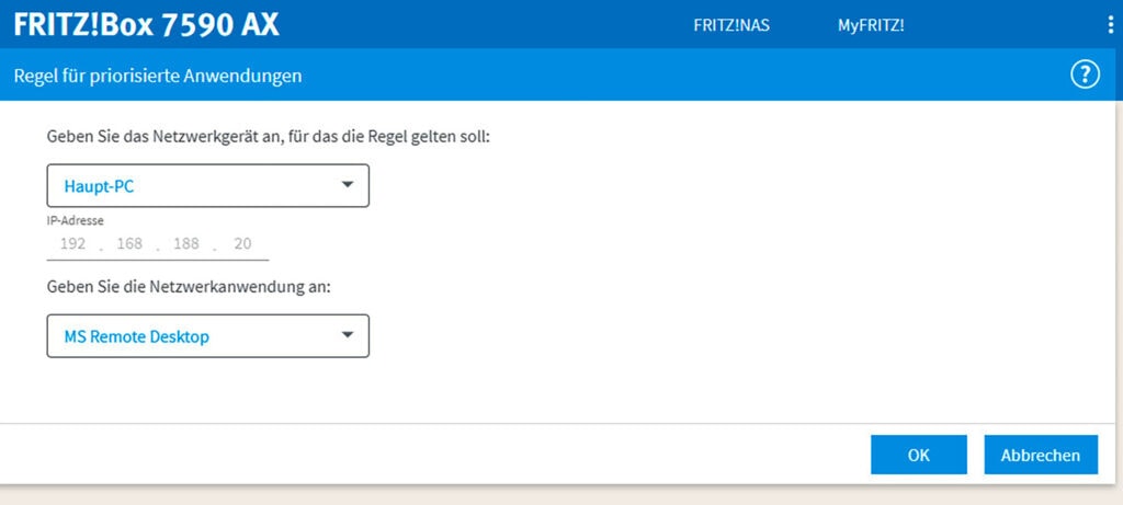 Screenshot Menü der Fritzbox zur Priorisierung von Geräten