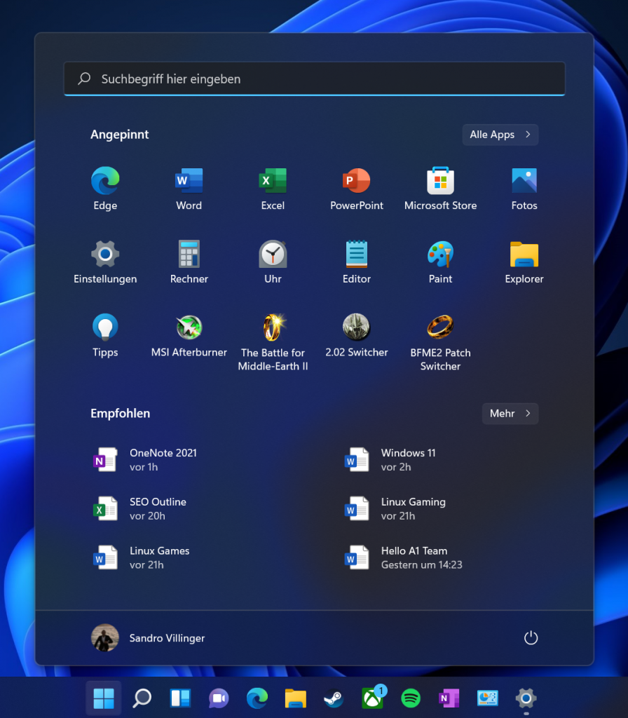 Screenshot Windows 11 Startmenü