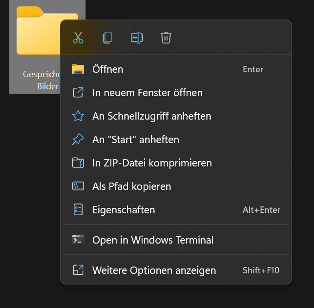 Das Kontextmenü vom neuen windows