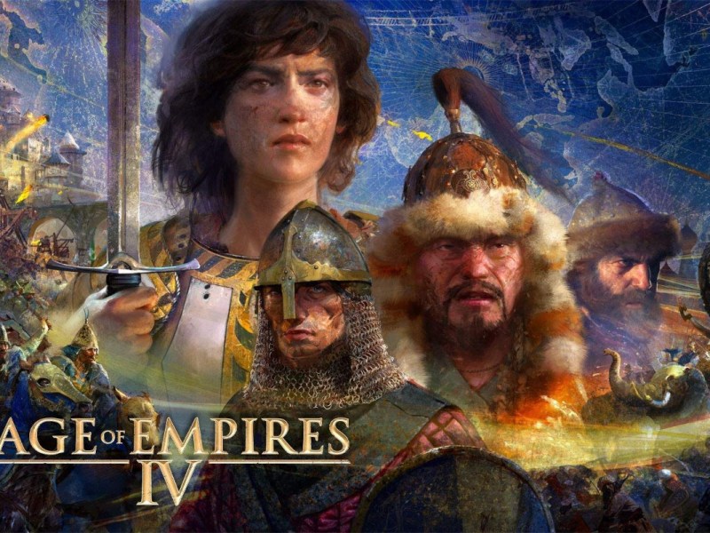 Grafisches Bild von verschiedenen Menschen mit Ritterhelmen und Age of Empires IV Logo