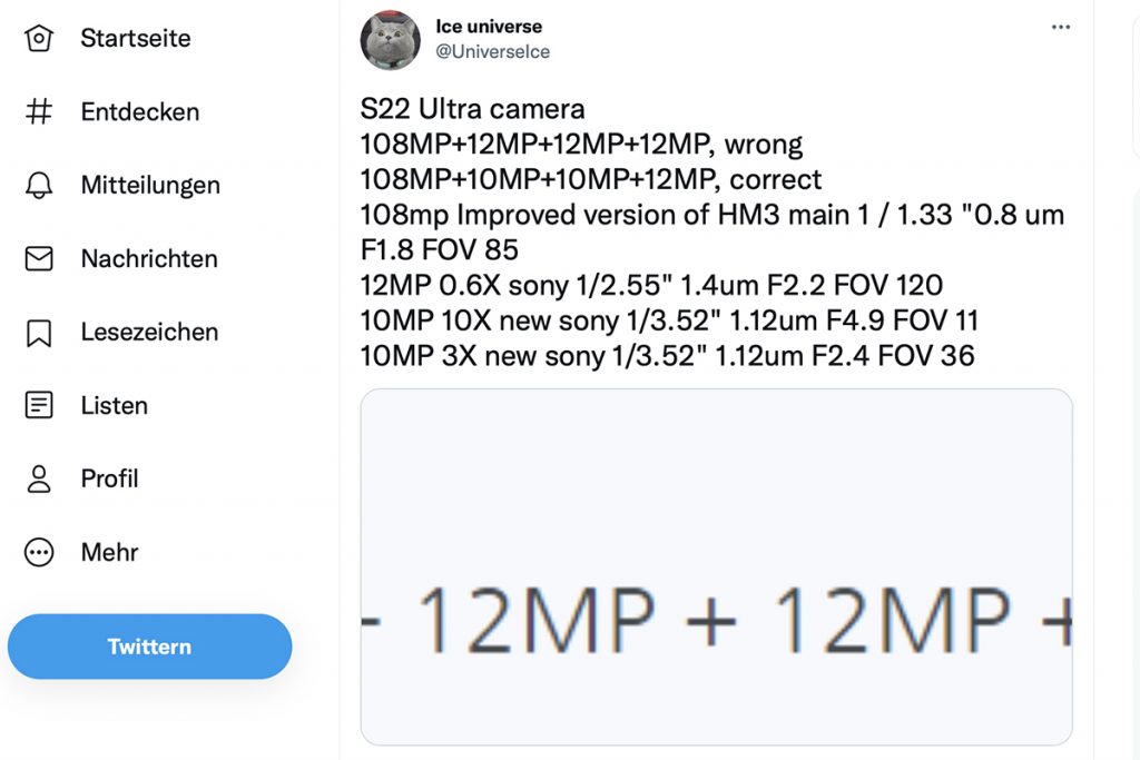 108 Megapixel-Kamera statt 200 MP: Die technischen Daten der Kamera, die möglicherweise in einem Samsung Galaxy S22 Ultra stecken könnten vom Leaker Ice Universe zusammengetsllt.