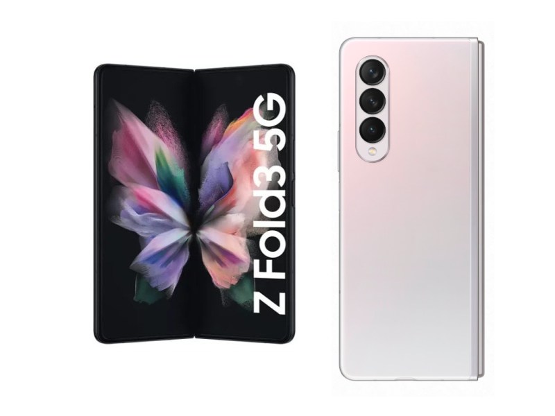 Galaxy Z Fold 3 Aufgeklappt mit buntem Bildschirm und daneben zugeklappt auf weißem Hintergrund