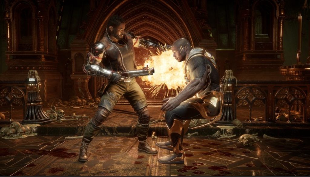 Ein Mann wird im Spiel Mortal Kombat 11 erschossen.