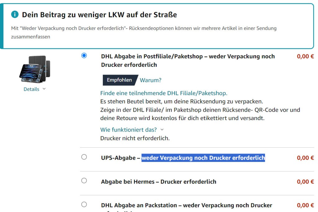 Artikel ohne Drucker zurücksenden