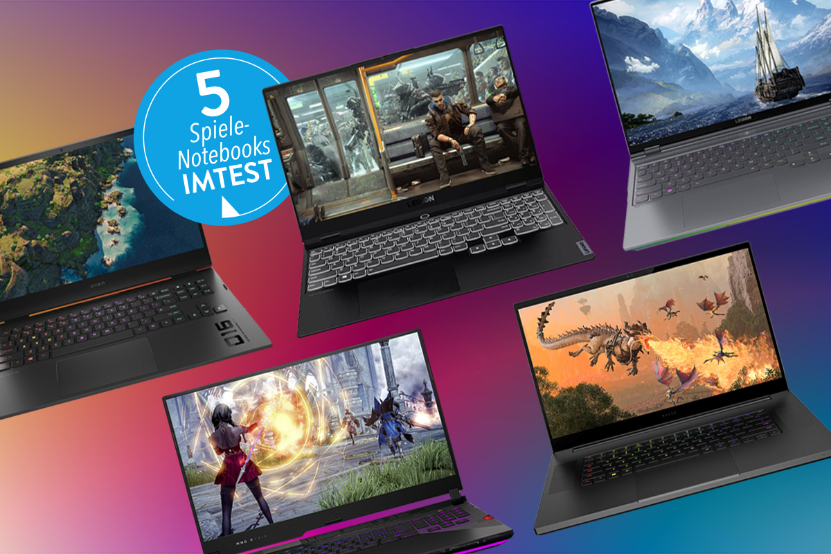 5 Gaming Notebooks auf einem bunten Hintergrund