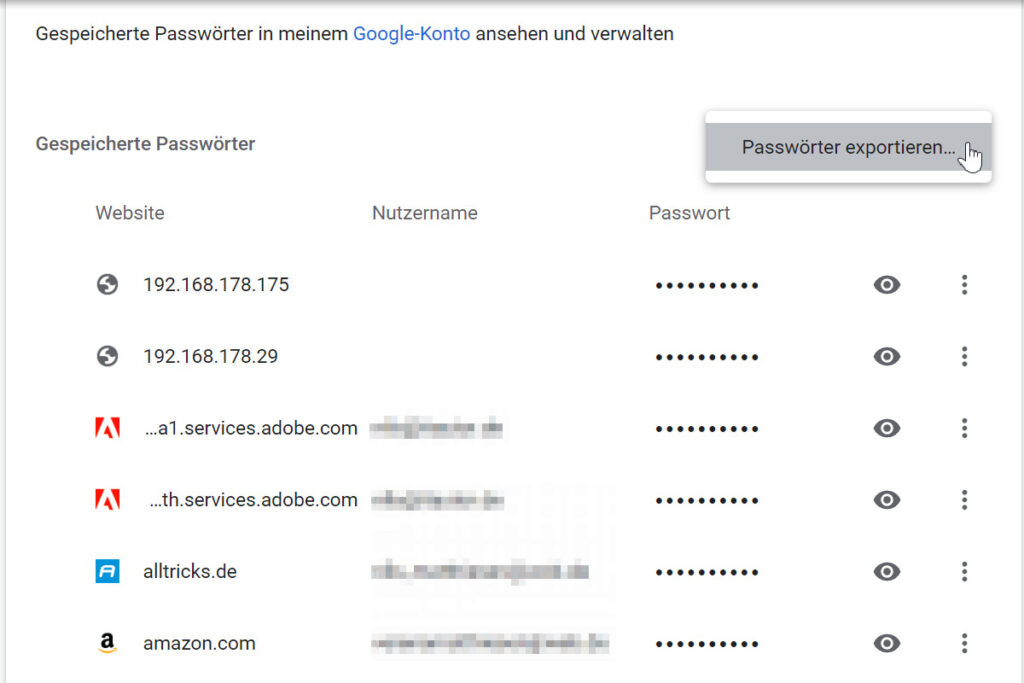 Chrome Passwörter exportieren