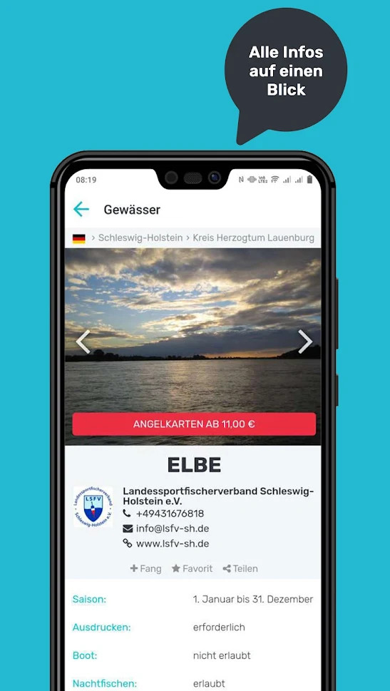 Schwarzes Smartphone zeigt Info zu einem Gewässer zum Angelkarten online kaufen auf türkisem Hintergrund