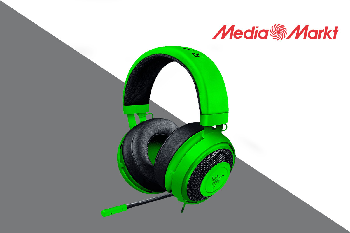 Grünes Razer-Headset Kraken schräg von vorne auf grau weißem Hintergrund mit Media Markt Logo rechts oben in der Ecke