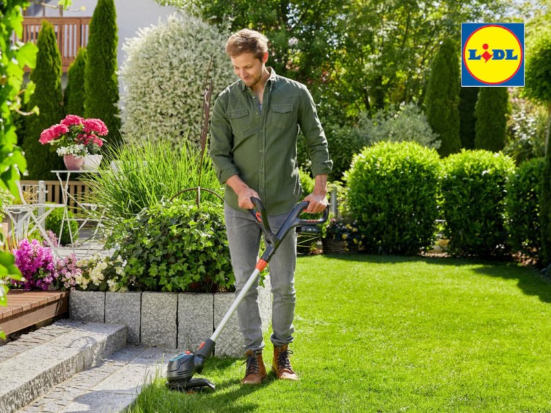 Junger Mann in grünem Hemd und heller Jeans arbeitet mit Gardena-Rasentrimmer an Rasenkante zu Steinstufen mit Lidl-Logo rechts oben