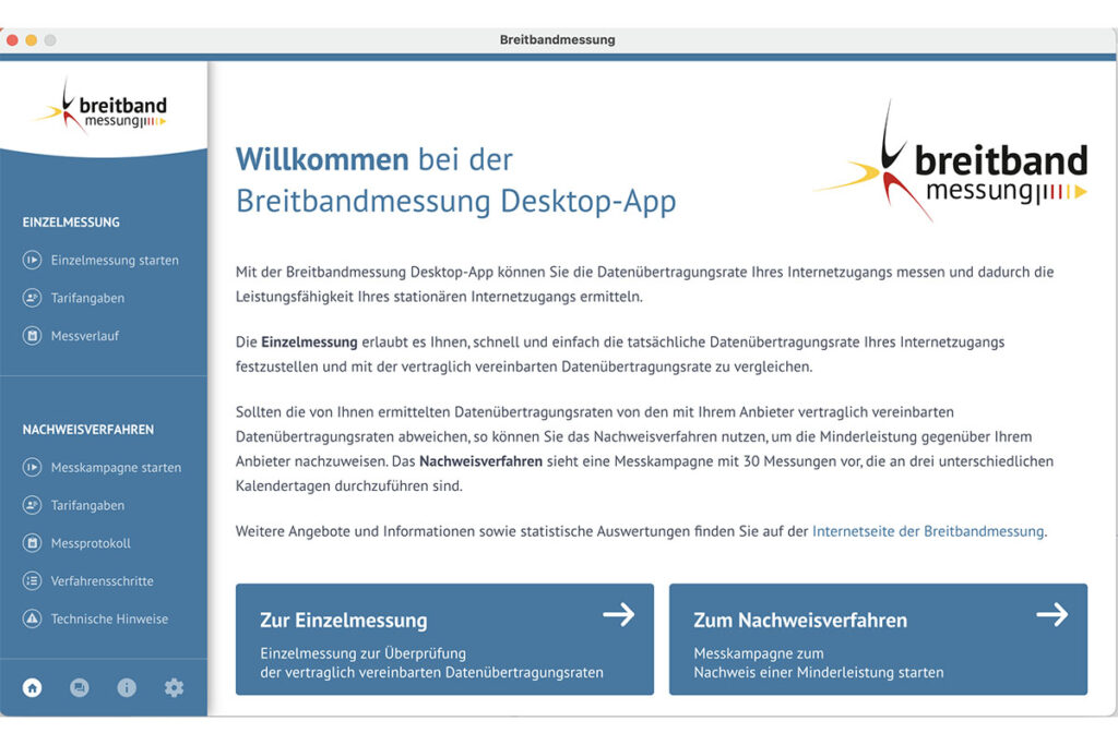 Ein Screenshot der Breitbandmessung Desktop-App.