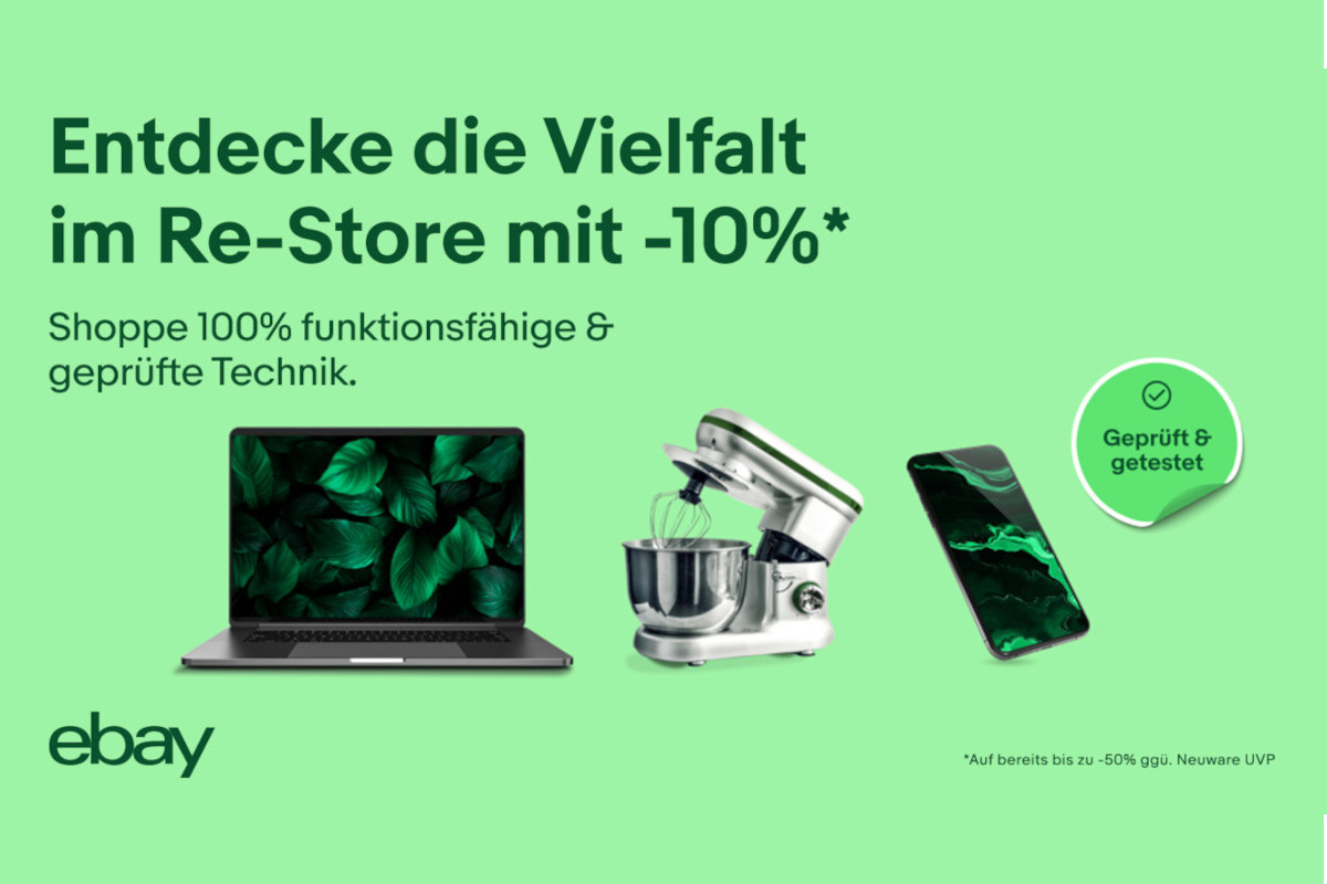 eBay-Aktion Re-Store Kampagnen-Titel und drei Geräte auf mintgrünem Hintergrund