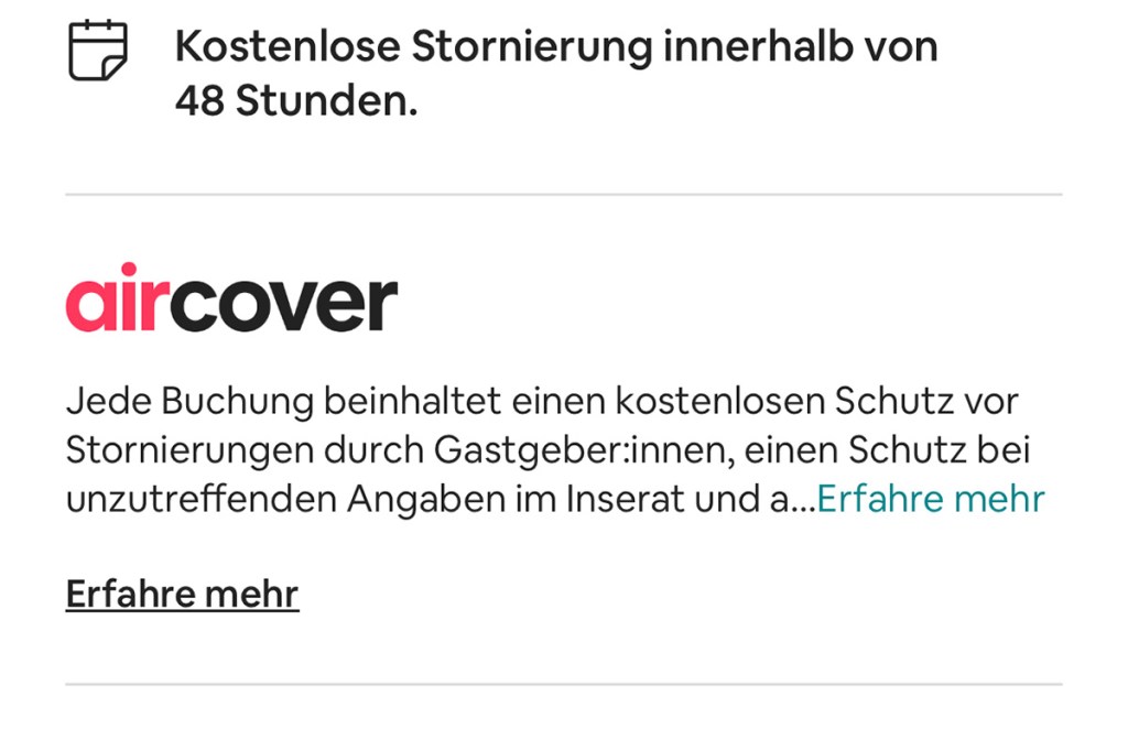 Screenshot des AirCover in der Airbnb App