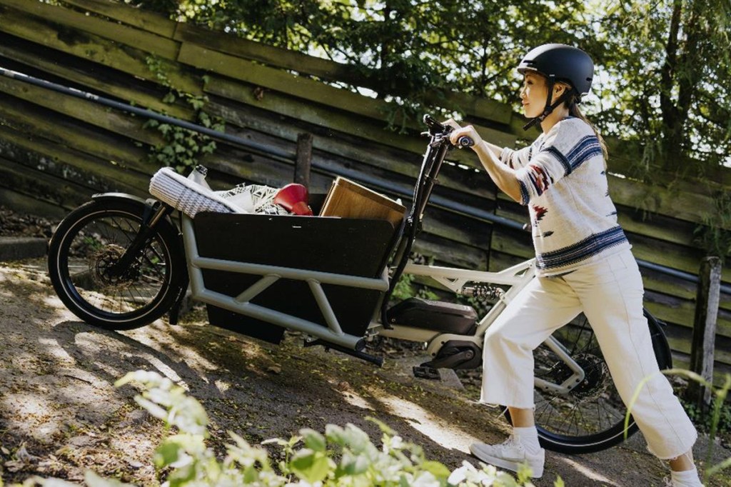 Frau schiebt Lastenrad einen Berg hoch.