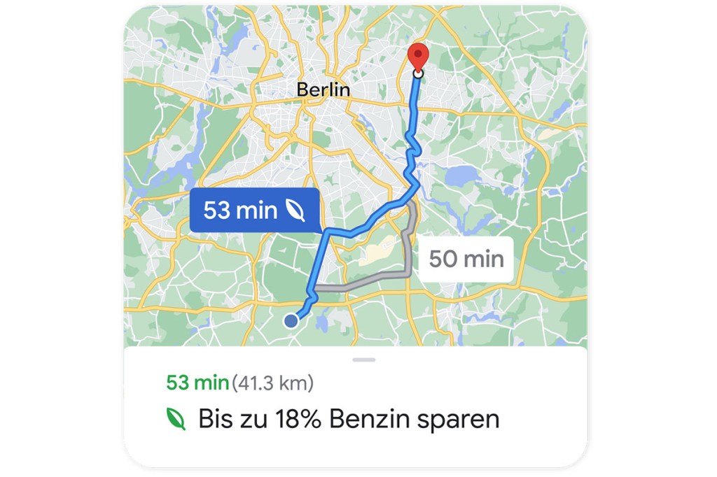 Ein Screenshot von Google Maps mit einer kraftstoffsparenden Route.