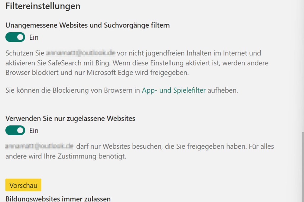 Windows Webseiten-Filtern