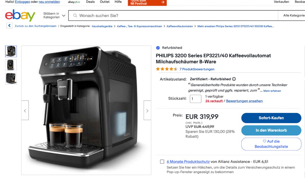 Philips-Kaffeevollautomat 3200 bei eBay im Angebot