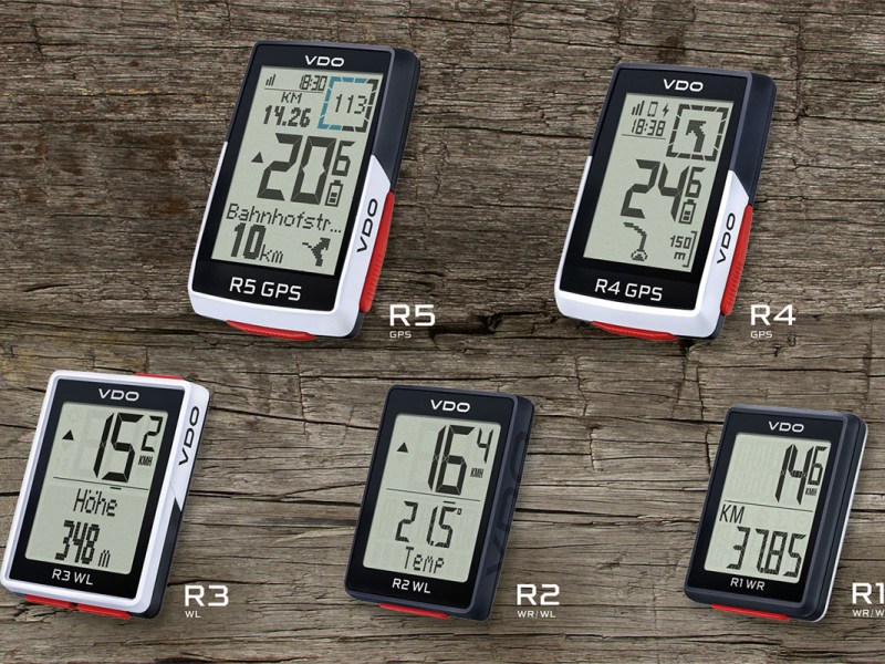 Fünf Fahrradcomputer von VDO, Modelle R1 bis R5