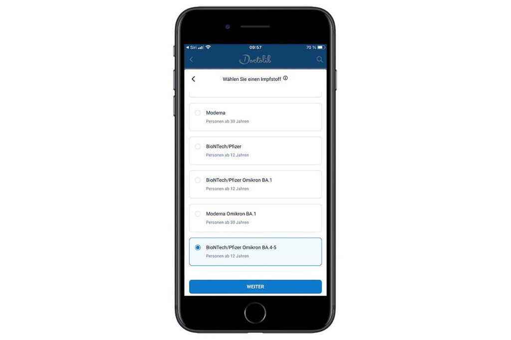 Screenshot von der Doctolib-App mit Auswahl des Impfstoffs.