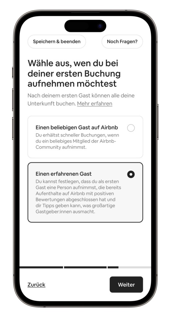 Ansicht der neuen Starthilfe-Funktion auf Airbnb