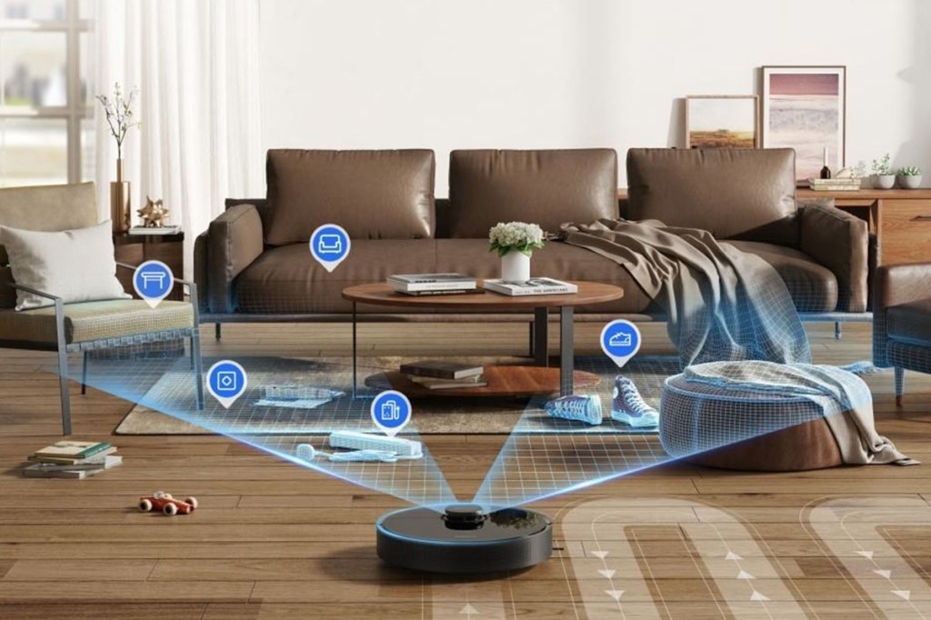 Der Dreame D10S Pro fährt in einem Wohnzimmer. Schematisch ist eingezeichnet wie der Roboter dabei navigiert.