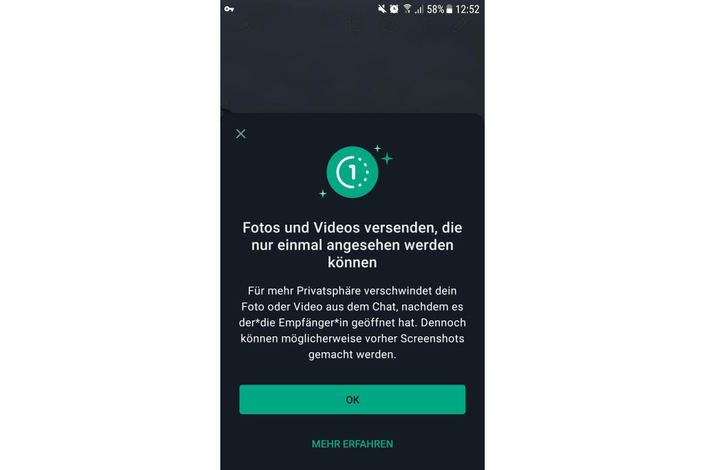 Ein Pop-Up-Fenster taucht auf, wenn Dateien zur Einmalansicht per WhatsApp auf dem Smartphone geteilt werden.