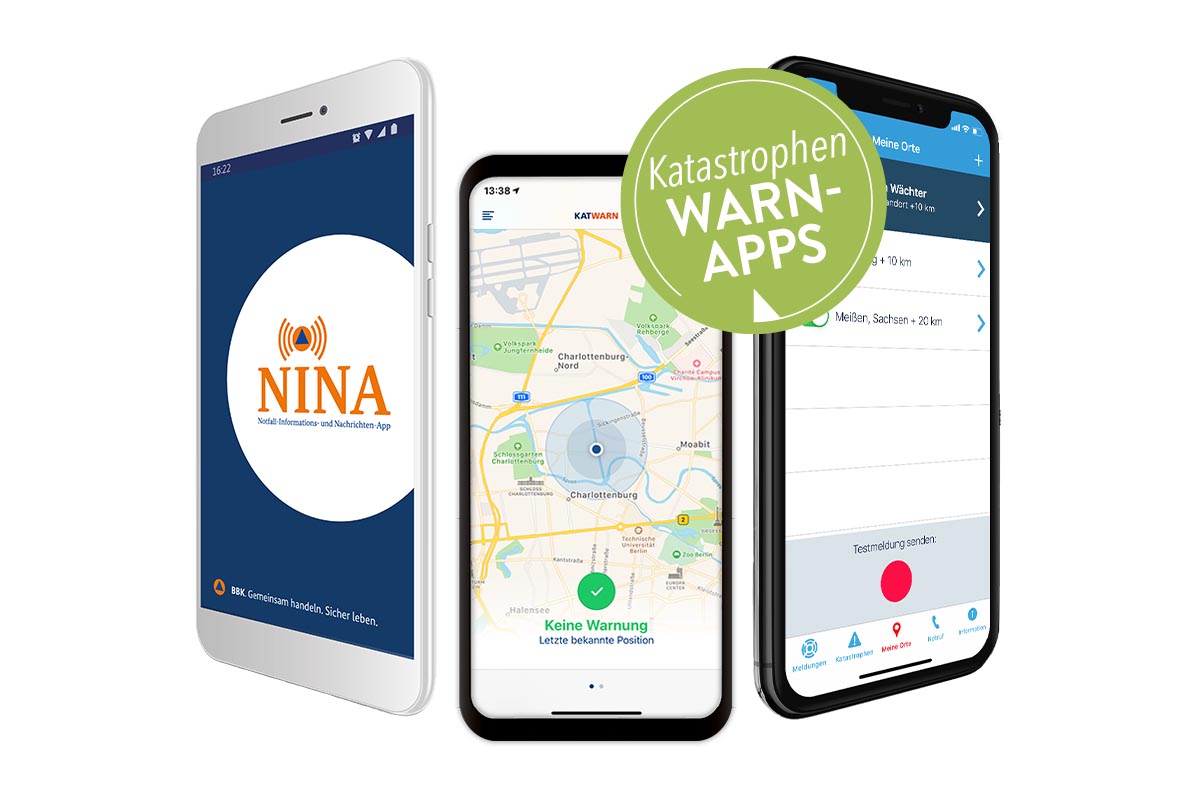 Smartphones mit geöffneter Warn-App vor weißem Hintergrund
