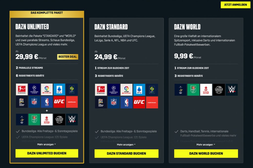 Die DAZN-Tarife im Überblick.