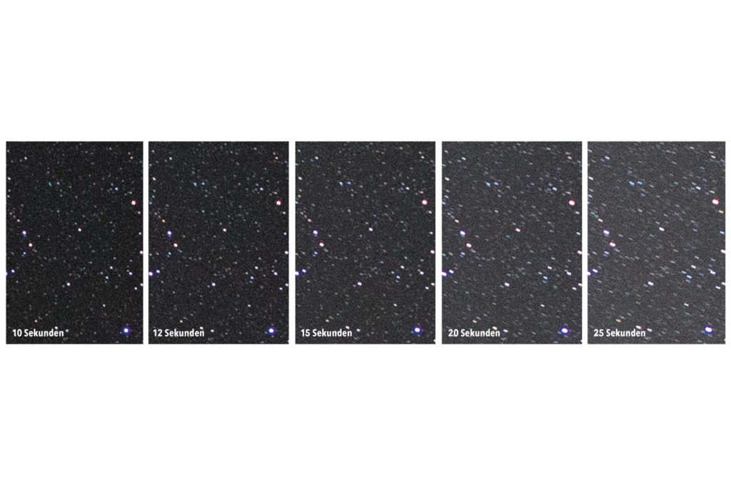 Fünf Vergleichsbilder des gleichen Sternenhimmels mit unterschiedlicher Belichtungszeit.