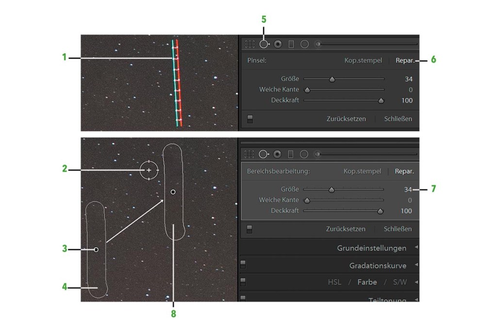 Ein dunkler Sternenhimmel auf dem der Bereichsreparaturpinsel des Adobe Lightroomt-Programms angewendet wird und eine Flugzeugspur rausretuschiert. 