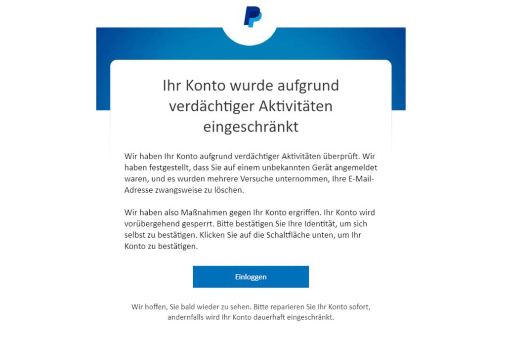 Eine Phishing-Maail, vermeintlich von Papyal