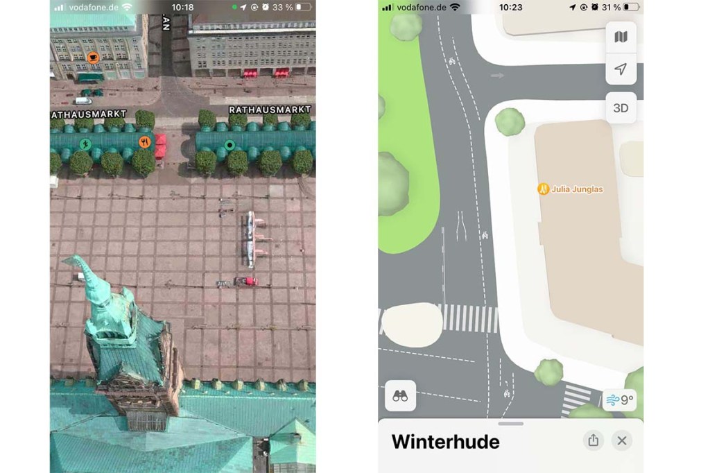 Screenshot Apple Maps 3D Ansicht und Abbiegespuren