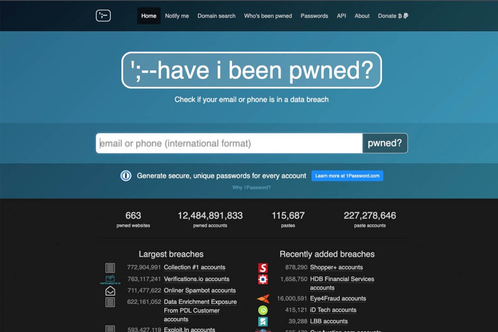 Screenshot der Website "Have I Been Pwned?"