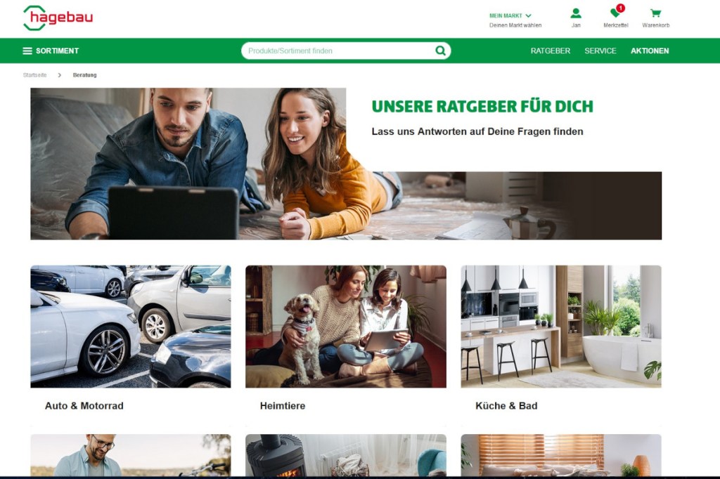 Screenshot Hagebau Baumarkt Seite mit verschiedenen Kacheln