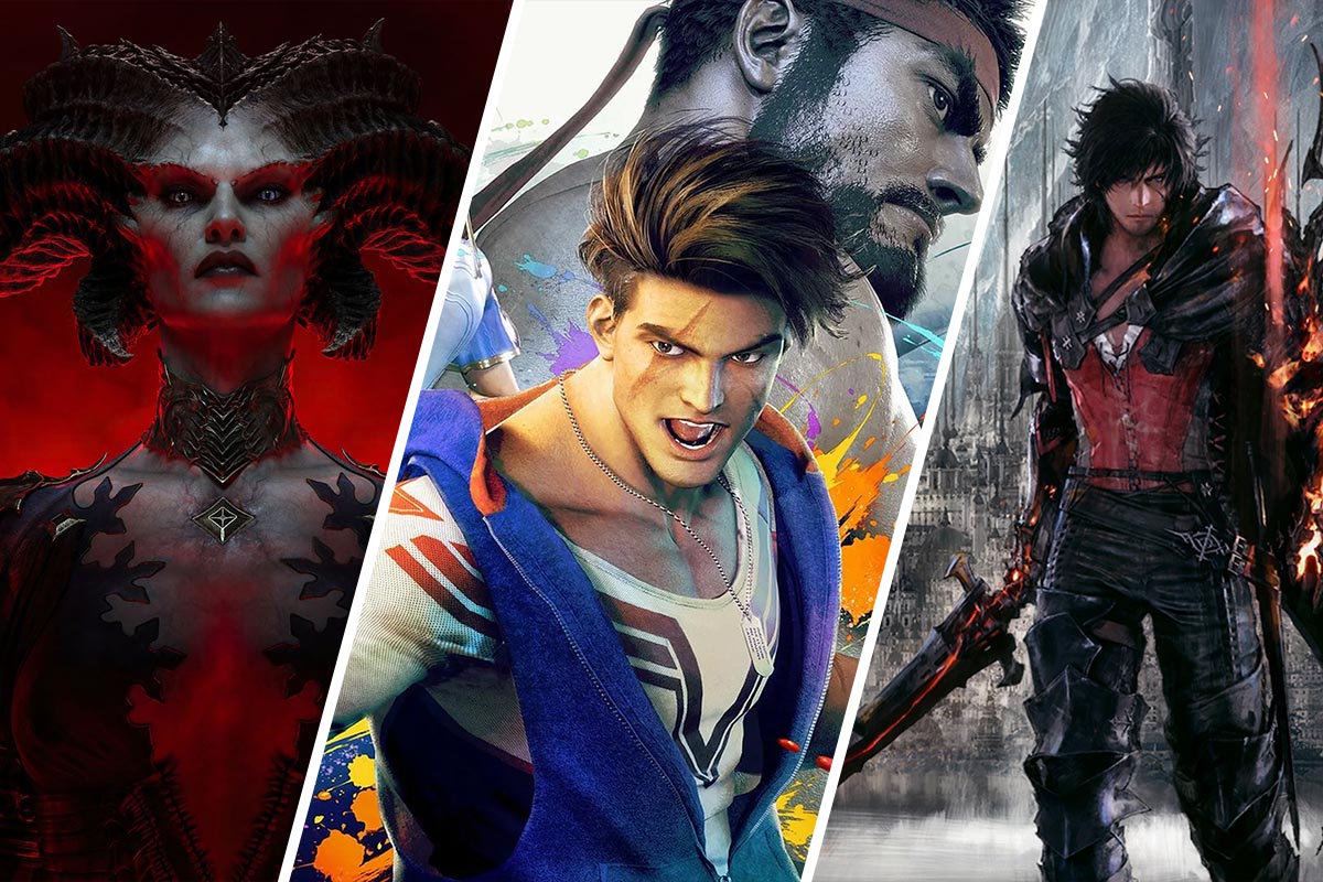 Aufmacher-Grafik, die drei Videospiele zeigt: Diablo 4, Street Fighter 6 und Final Fantasy 16.