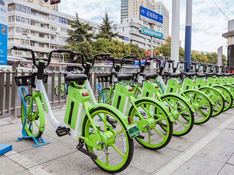 Viele grüne Fahrräder an einer Mietstatioin in China.