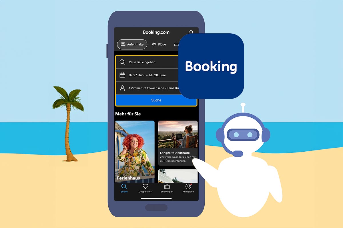 Auf einem grafischem Smartphone ist ein Screenshot von Booking.com zu sehen. Auf den Bildschirm zeigt ein Roboter