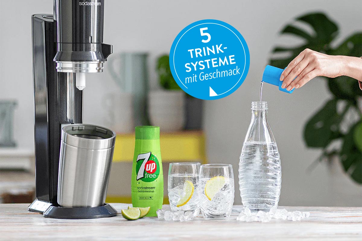 Trinksystem von SodaStream neben Gläsern und Sirup auf einem Tisch.