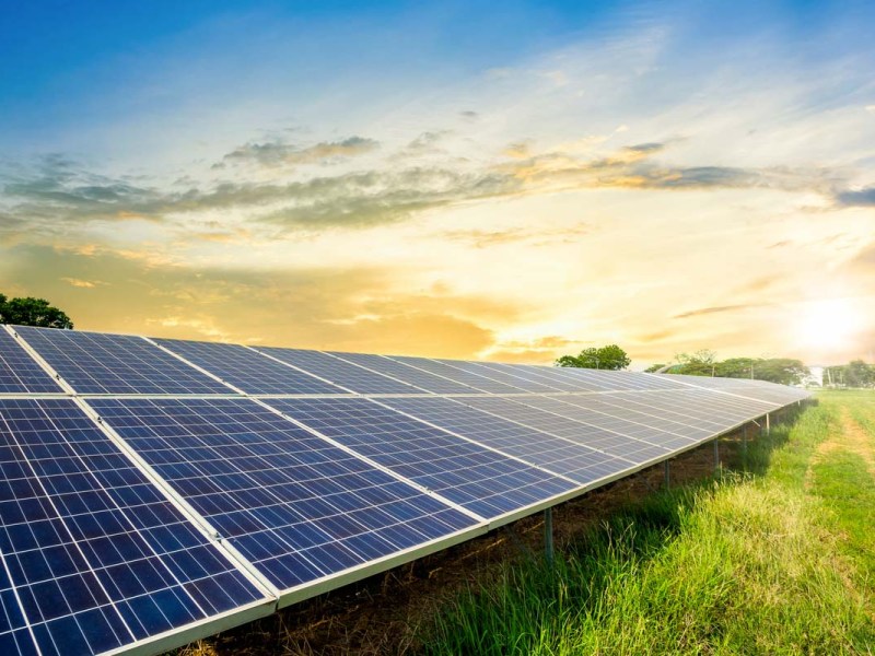 Eine Solaranlage auf einer grünen Wiese mit Sonnenschein.