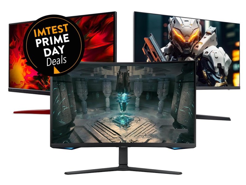 Drei Gaming-Monitore zu Dreieck vor weißem Hintergrund angeordnet mit je bunten Bildern auf Displays aus Spielen, links oben schwarzer Button mit "IMTEST Prime Day Deals"