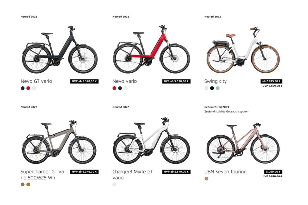 Screenshot von Homepage Riese & Müller mit sechs E-bike-Angeboten