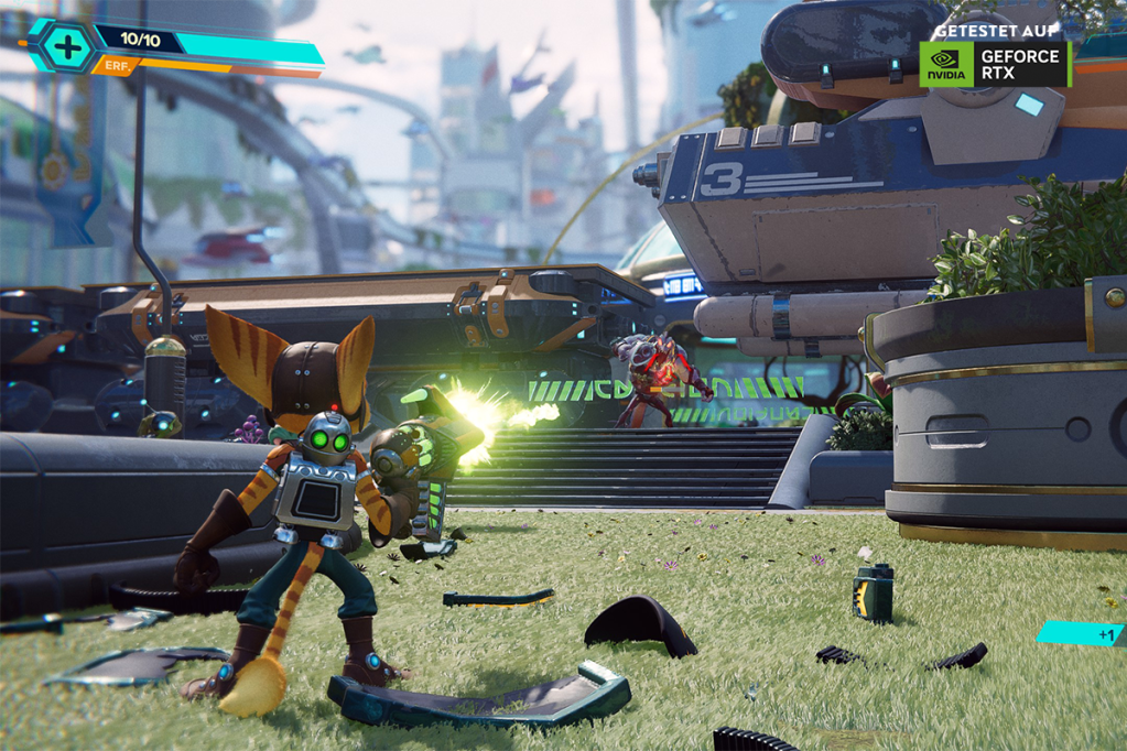 Screenshot aus dem Action-Spiel Ratchet & Clank: Rift Apart. Die Hauptfigur Ratchet schießt auf einen Gegner.