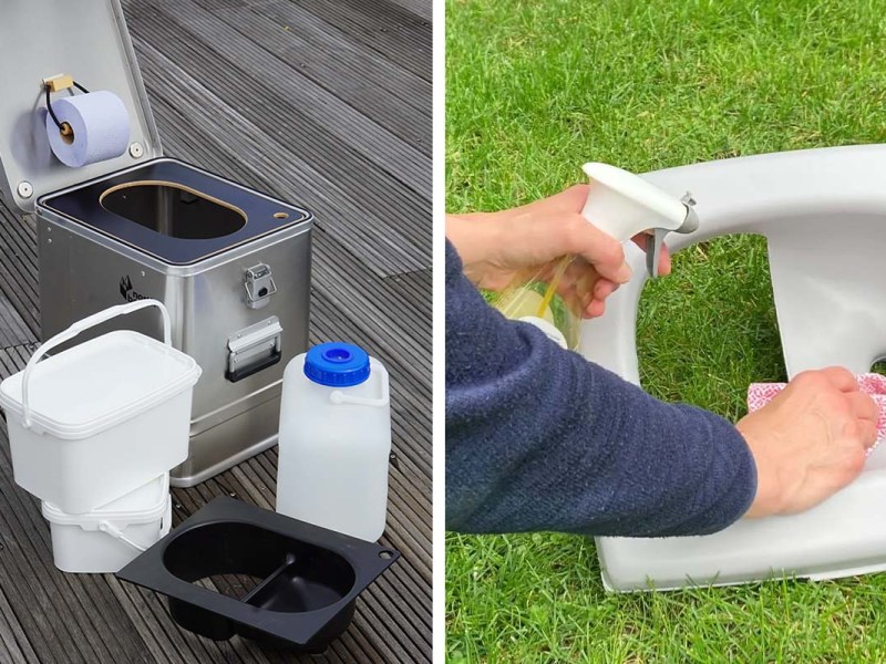 zweigeteiltes Bild: links Trenntoilette mit ihren EInzelelementen auf Holz stehend, rechts Hand wicht mit Lappen über Trenneinsatz von Trenntoilette, der auf einem Rasen liegt