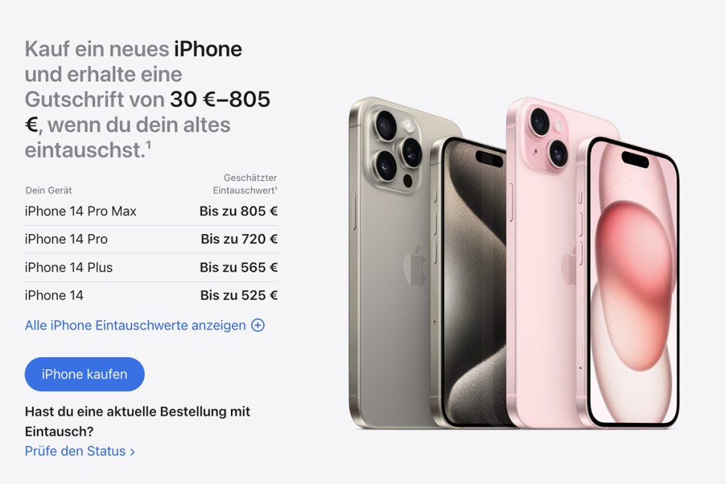 Screenshot der Apple-iPhone Plattform Trade In, wo man Geräte tauschen kann.